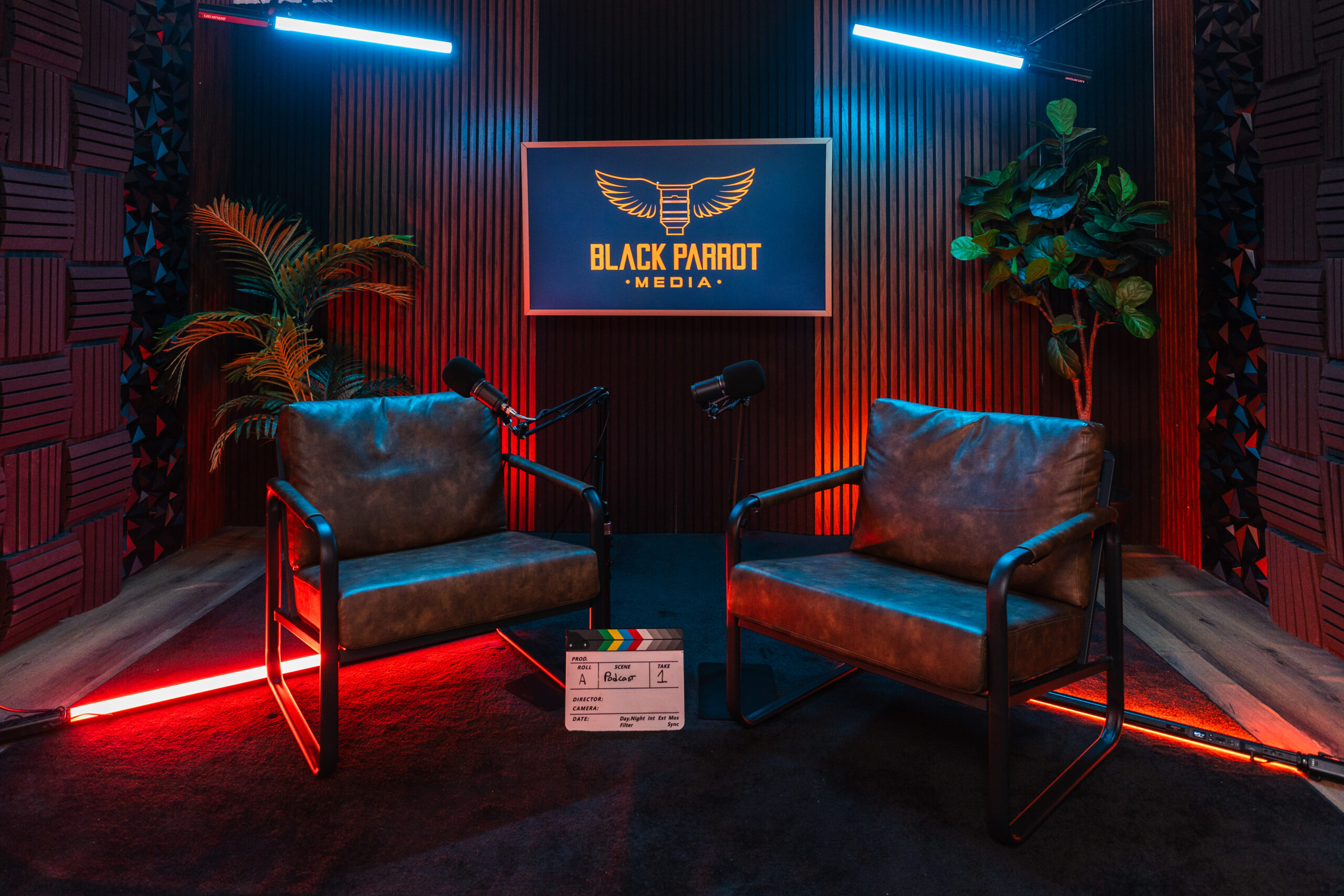 Black Parrot Media podcast set with neon lighting
